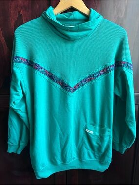 80s Vintage Teal Cowl Neck Pullover Sweater with Geometric pattern